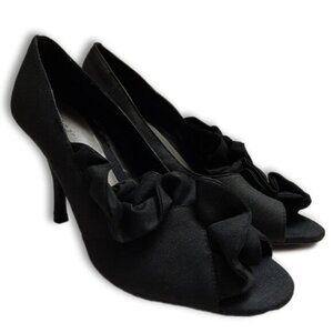ANN MARINO Ruffle Detail Peep-Toe Slip-On High Heel Shoes Black Fabric Sz 9 M